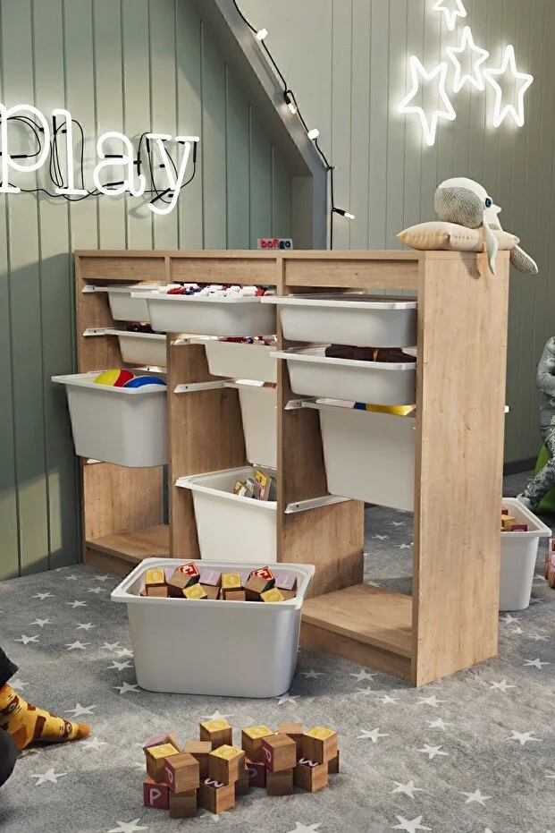 12 Sepetli Dolap Çok Amaçlı Dolap Oyuncak Dolabı Lara Safir Meşe